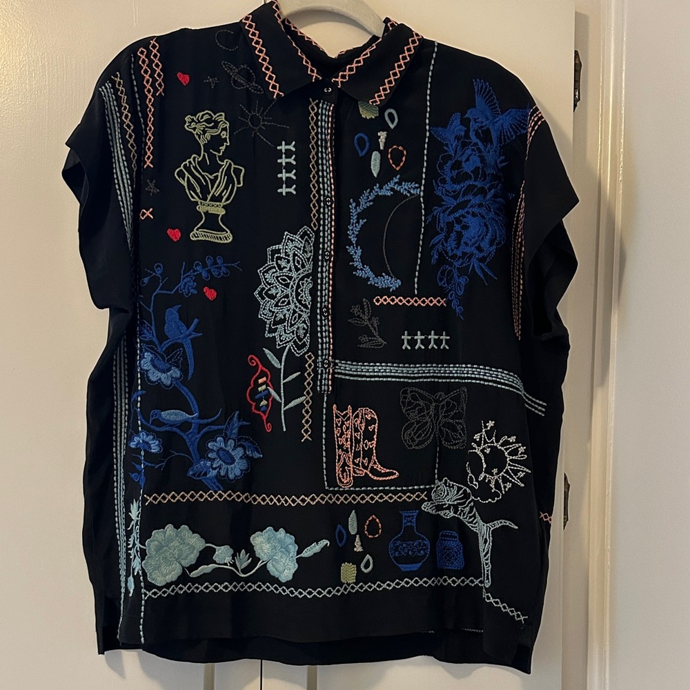 Johnny Was Black Blouse with Colorful Embroidery